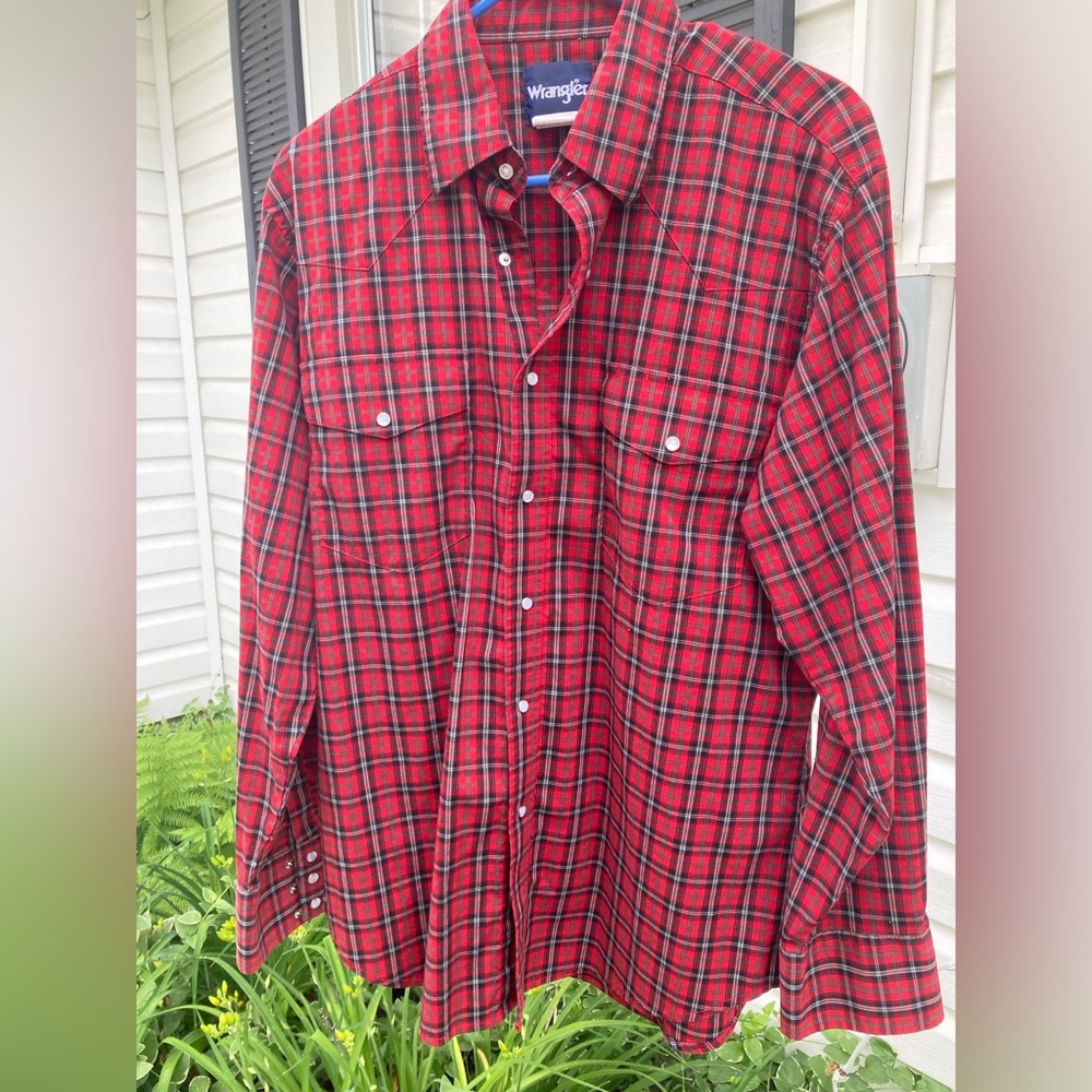 Wrangler Men’s Pearl Snap Button Down Shirt Red Plaid Cowboy Long Sleeve Sz L